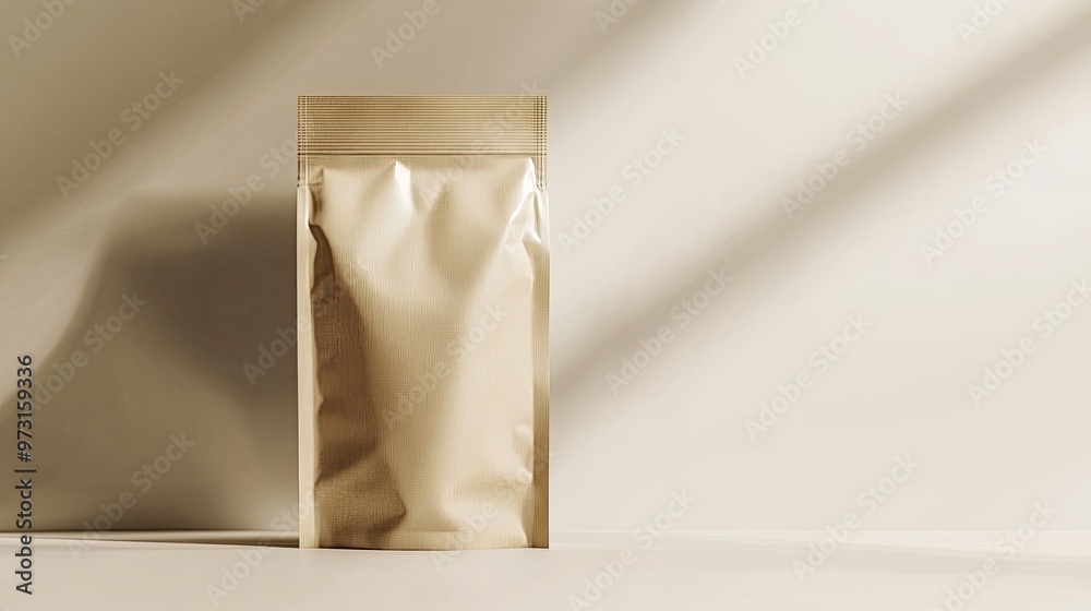 A doypack bag mockup in a minimalist setting, with no text or branding, perfect for showcasing food packaging designs, set against a clean, neutral background. A doypack bag mockup in a minimalist setting, with no text or branding, perfect for showcasing food packaging designs, set against a clean, neutral background.