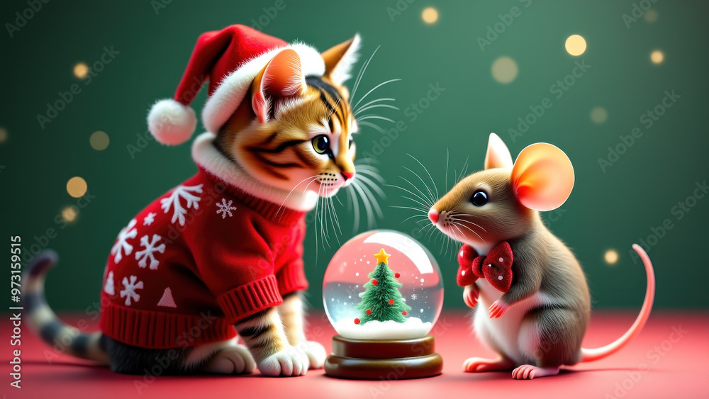 Fototapeta premium Cat and mouse admiring Christmas globe