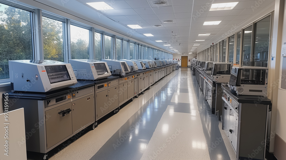 A large room with many machines and a lot of space. The room is very clean and organized A large room with many machines and a lot of space. The room is very clean and organized