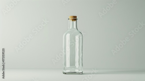 Photo of a glass water bottle with a cork stopper, isolated on a light grey background