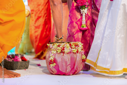 Indian Hindu wedding ritual items hands close up photo