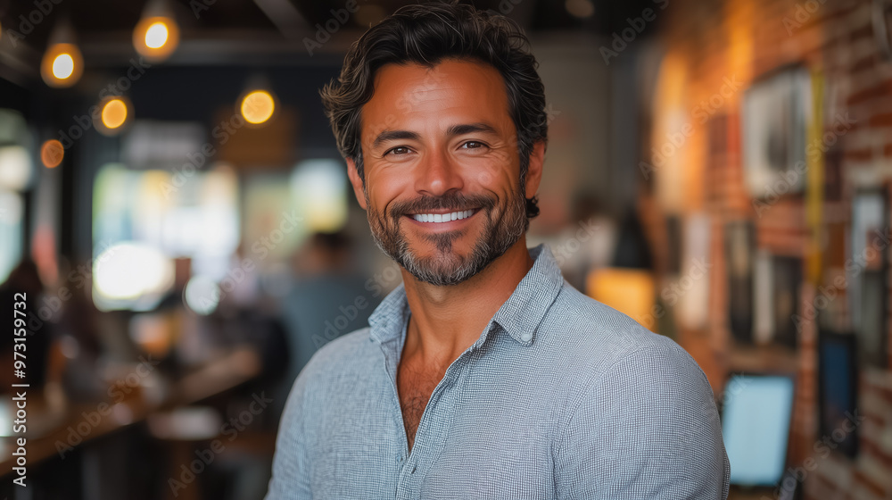 A man with a big smile is standing in front of a brick wall. He is wearing a blue shirt and he is happy A man with a big smile is standing in front of a brick wall. He is wearing a blue shirt and he is happy