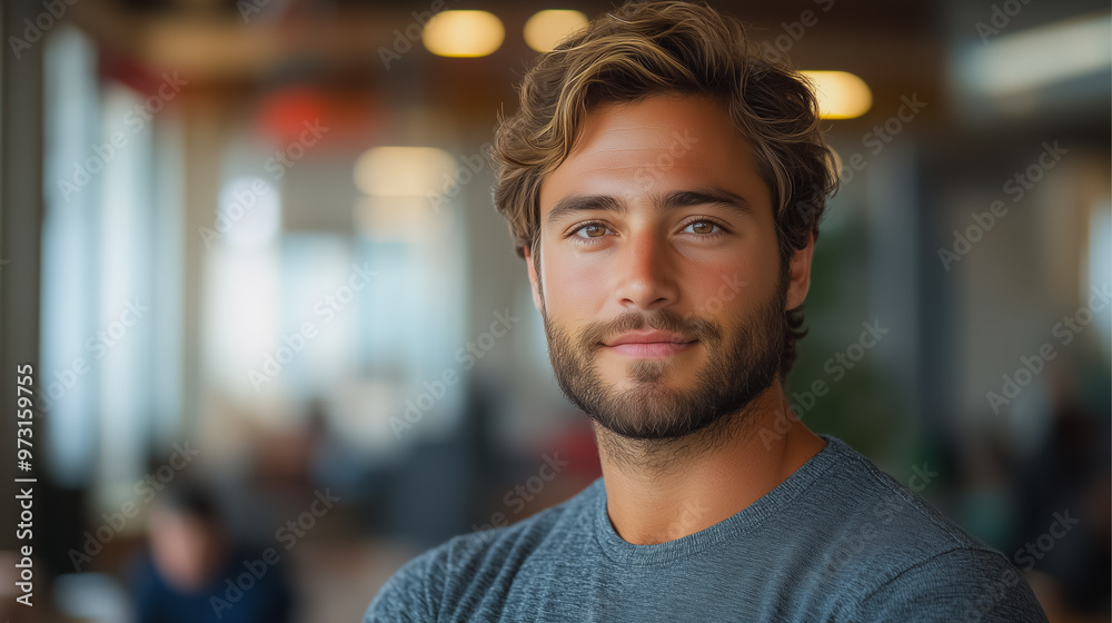 A man with a beard and a smile is standing in front of a window. He is wearing a blue shirt and a gray sweater A man with a beard and a smile is standing in front of a window. He is wearing a blue shirt and a gray sweater