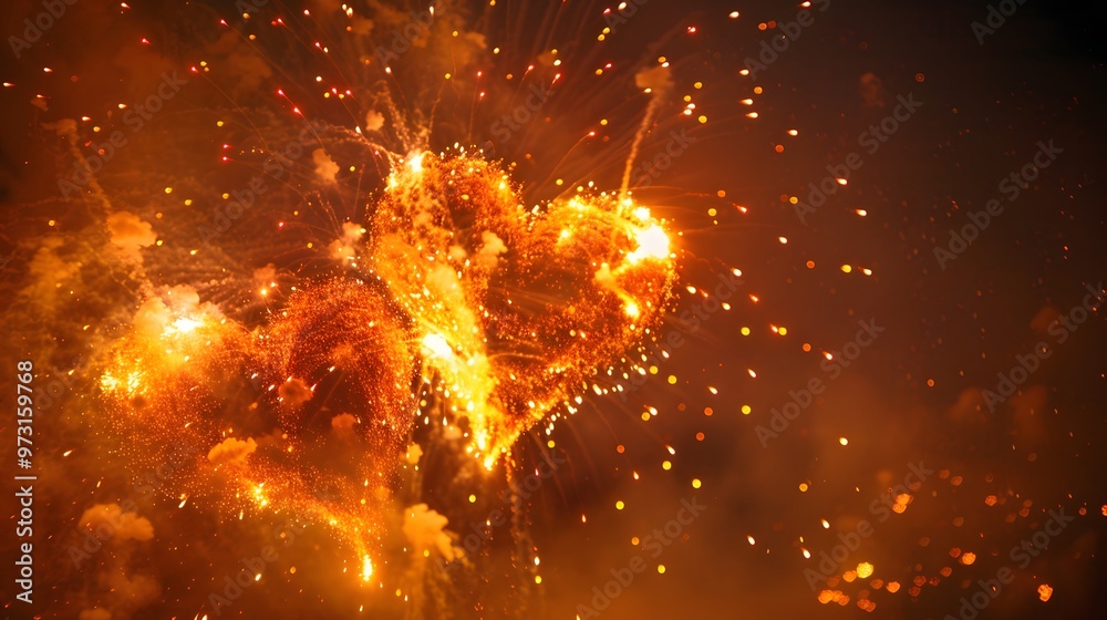 Fototapeta premium Heart-shaped Fireworks: Bright heart-shaped fireworks lighting up the night sky, symbolizing love and romance. 