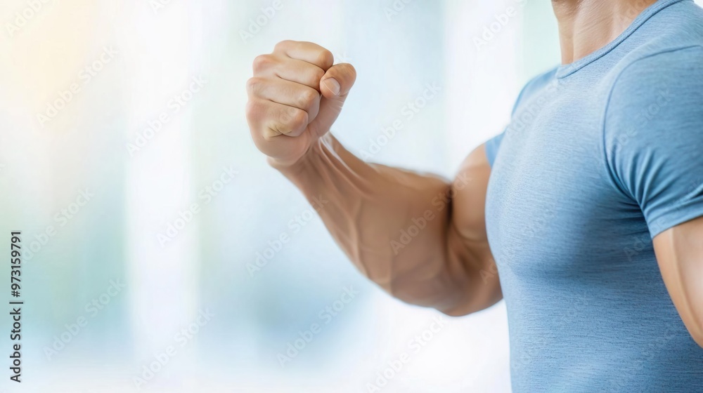 Closeup of a man's muscular arm with clenched fist, showcasing strength and determination. Closeup of a man's muscular arm with clenched fist, showcasing strength and determination.