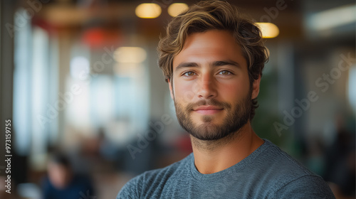 A man with a beard and a smile is standing in front of a window. He is wearing a blue shirt and a gray sweater