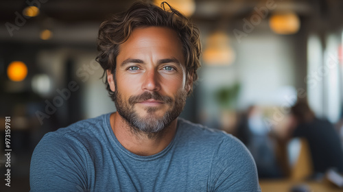 A man with a beard and glasses is sitting at a table with a blue shirt on. He is smiling and looking at the camera