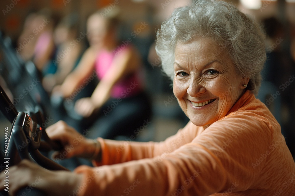 Fototapeta premium Active seniors enjoying a group workout session at a fitness center in the afternoon sun