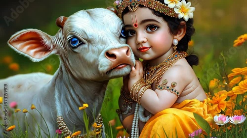 Adorable Baby Krishna with Calf in a Serene and Beautiful Natural Setting photo