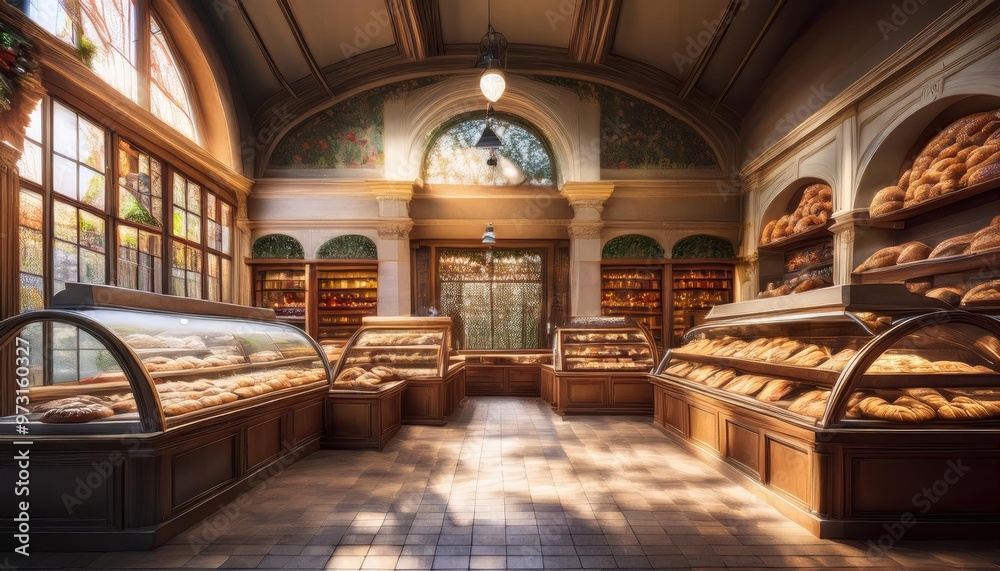 Fototapeta premium charming bakery interior. The space features a large display case filled with various types of bread and pastries, showcasing an inviting assortment. The warm wooden tones of the furniture and display