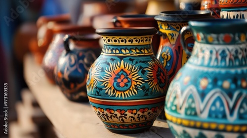 Colorful handcrafted pottery displayed at an artisan market under bright sunlight during the afternoon