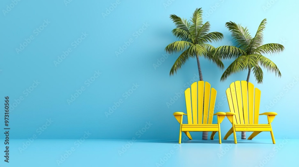 Obraz premium Two yellow chairs under palm trees on a blue background.