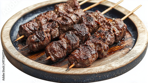 Close-up of three perfectly grilled beef skewers presented on a rustic wooden plate. ideal for showcasing premium barbecue dishes, ideal for menus, food blogs, or marketing materials. photo