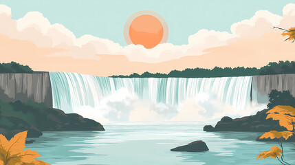 Wandcirkels Japandi stijl Niagara waterval pastel rustieke illustratie  © Thiago