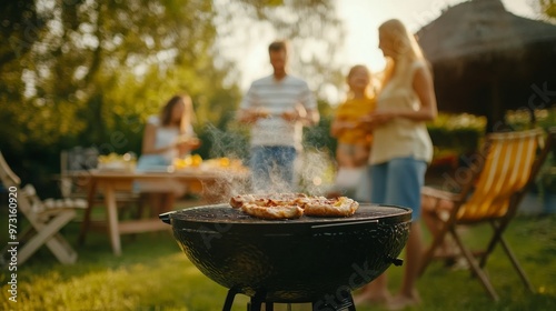 Families enjoying a sunny backyard barbecue with grilled food and laughter on a warm summer afternoon