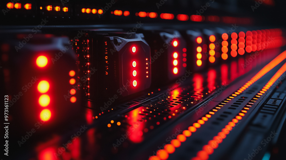A row of computer servers with red lights on. The servers are lit up and appear to be in a row A row of computer servers with red lights on. The servers are lit up and appear to be in a row