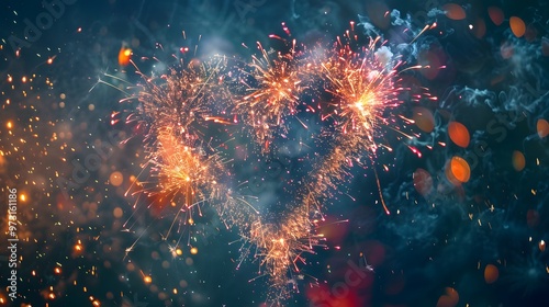 Heart-shaped Fireworks: Bright heart-shaped fireworks lighting up the night sky, symbolizing love and romance. 