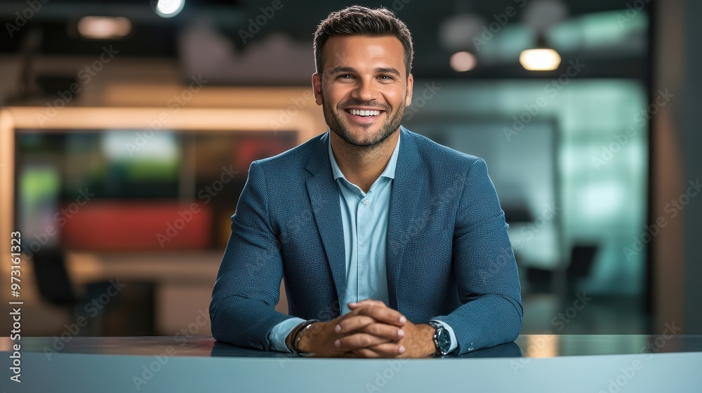 Confident European male news presenter standing in a modern television studio with professional equipment around, showcasing media professionalism and broadcast journalism. Confident European male news presenter standing in a modern television studio with professional equipment around, showcasing media professionalism and broadcast journalism.