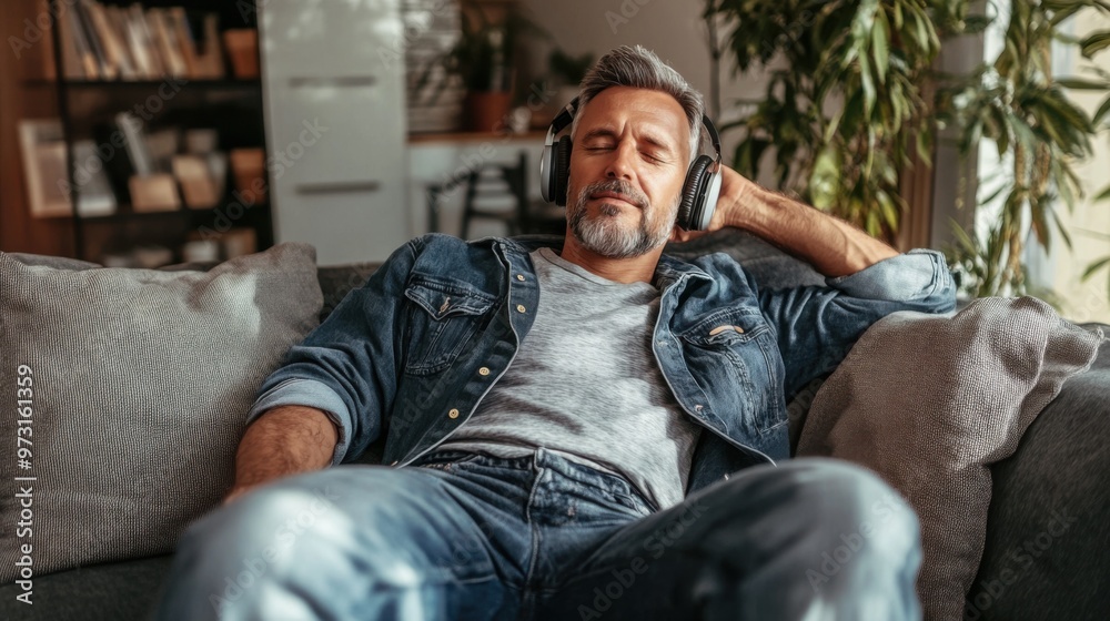 Obraz premium Relaxed Man Listening to Music at Home