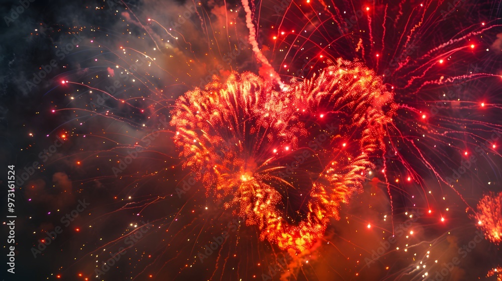 Fototapeta premium Heart-shaped Fireworks: Bright heart-shaped fireworks lighting up the night sky, symbolizing love and romance. 