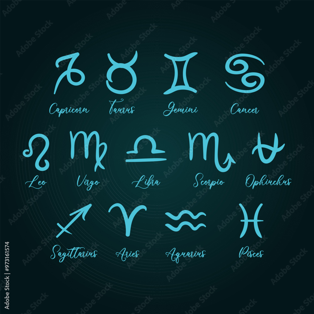 Stylized Zodiac Signs Featuring Various Elements on a Dark Background for a Cosmic Vibe. 13 symbols, Ophiuchus. astrological signs, celestial objects, astrology, mystical, space, predict the future Stylized Zodiac Signs Featuring Various Elements on a Dark Background for a Cosmic Vibe. 13 symbols, Ophiuchus. astrological signs, celestial objects, astrology, mystical, space, predict the future