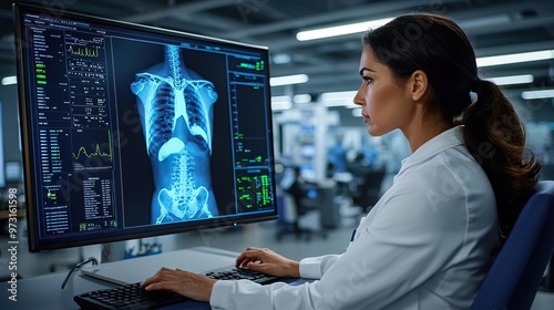 Medical, hand and doctor analyzing xray for healthcare diagnosis on a screen in hospital