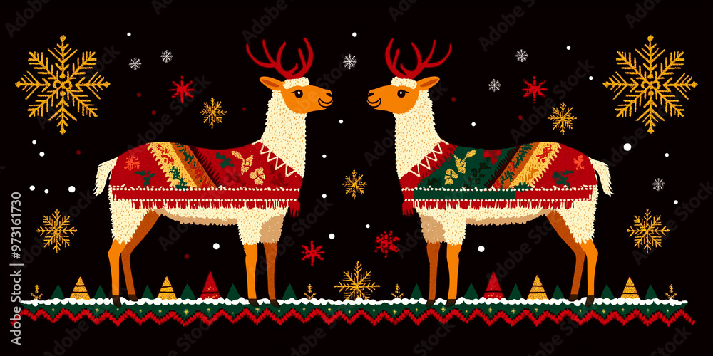 christmas card with reindeer, Christmas sequences and patterns designs, decorative Peruvian backgrounds christmas card with reindeer, Christmas sequences and patterns designs, decorative Peruvian backgrounds