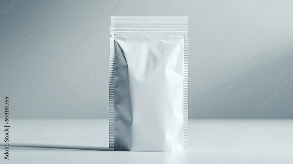 Close-up of a doypack bag, unbranded and sleek, standing upright on a plain surface, ideal for food packaging mockups and product design presentations. Close-up of a doypack bag, unbranded and sleek, standing upright on a plain surface, ideal for food packaging mockups and product design presentations.