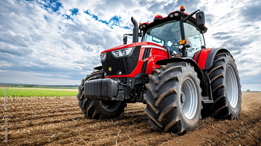 Obraz premium Side view of unrecognizable farmer driving tractor while working soil of agricultural field under cloudy sky on sunny day. Copy space. Realistic photo.