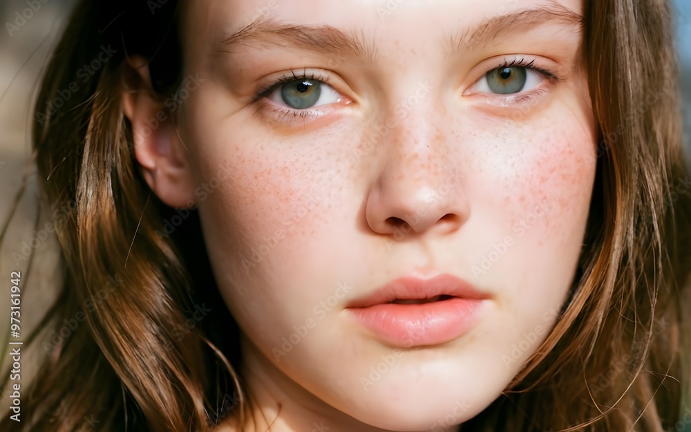 Sunlit Freckles: A Close-Up of a Freckle-Covered Girl Radiating Natural Beauty in Soft Sunlight, with Every Pore and Stray Hair Glowing Gently, Her Eyes Shimmering in the Warm Glow Sunlit Freckles: A Close-Up of a Freckle-Covered Girl Radiating Natural Beauty in Soft Sunlight, with Every Pore and Stray Hair Glowing Gently, Her Eyes Shimmering in the Warm Glow