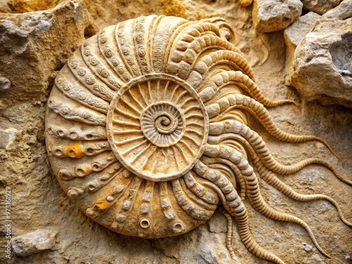 A beautifully preserved cephalopod fossil, with intricate shell patterns and delicate tentacle impressions, sits nestled in a layered limestone rock formation, ancient and serene.