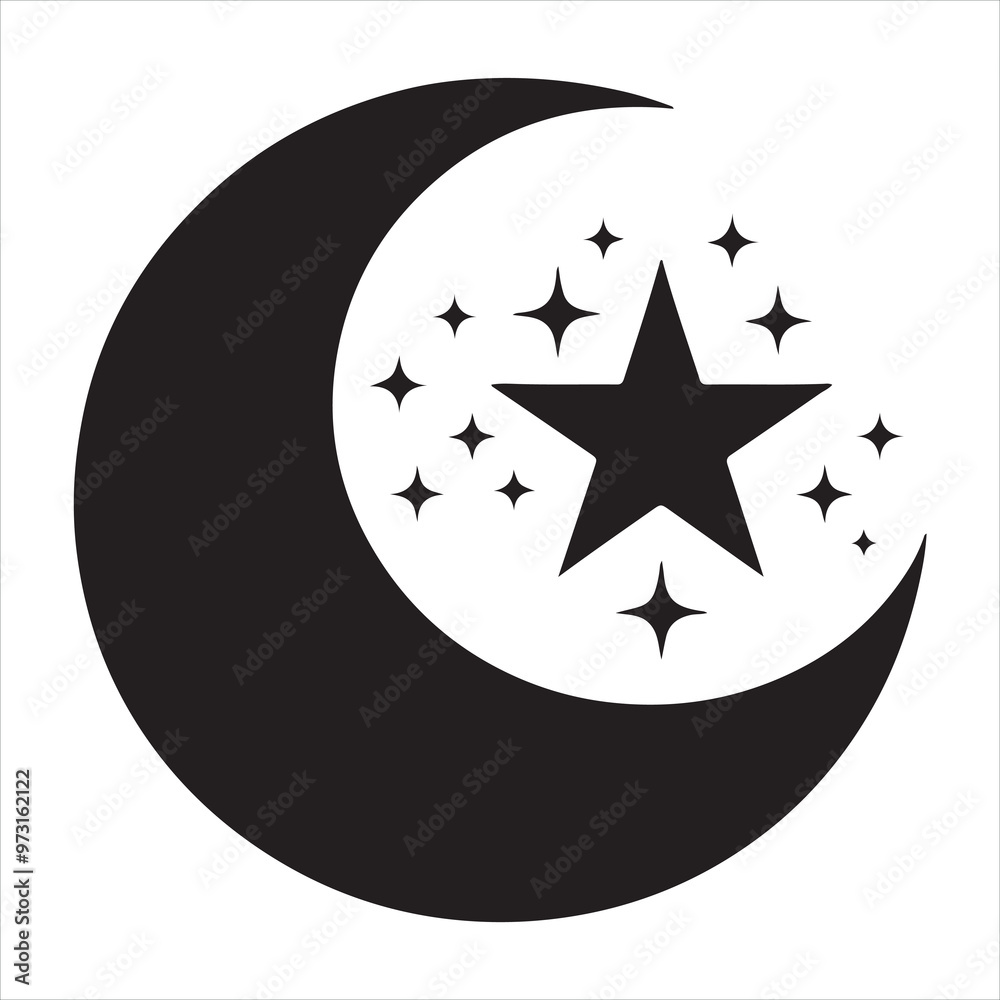 Crescent Moon and Star logo icon silhouette on white background
Crescent Moon and Star logo icon silhouette on white background
