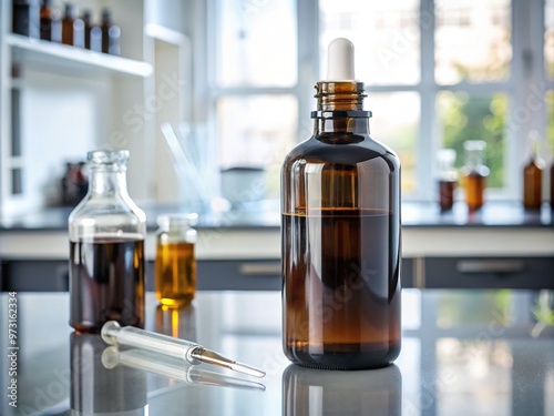 A clear glass bottle filled with dark brown iodine liquid solution sits on a white laboratory counter next to a dropper and medical equipment. photo