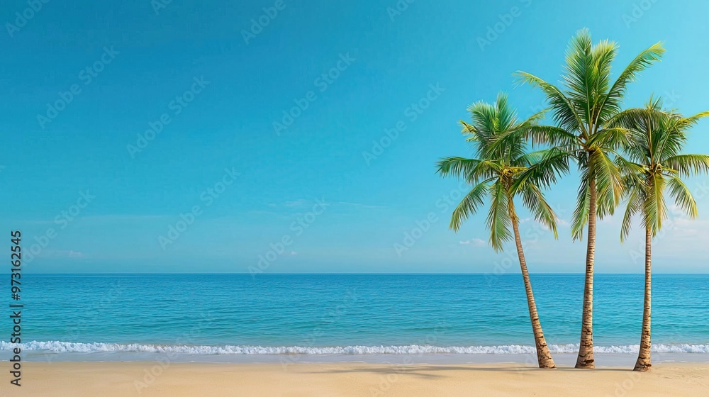 Obraz premium Three palm trees against a bright blue sky with white clouds.