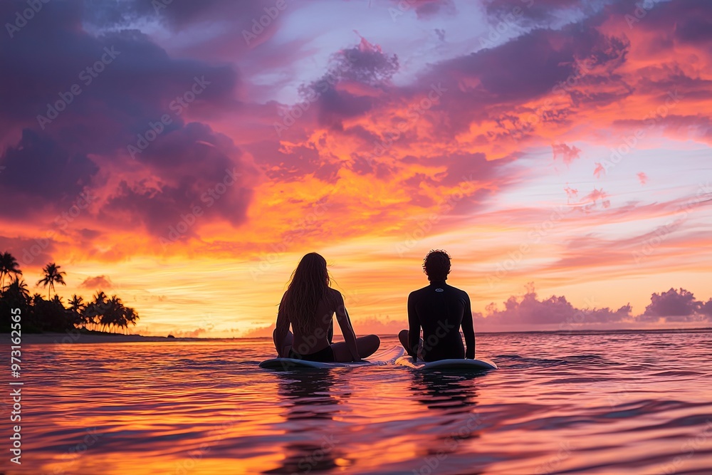 Couple enjoying a serene sunset while sitting on surfboards in calm waters at a tropical beach Couple enjoying a serene sunset while sitting on surfboards in calm waters at a tropical beach