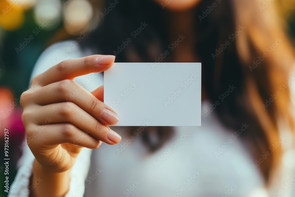 Close-up photo of a woman's hand holding a blank business card, wearing a white shirt, with a shallow depth of field and a bokeh background Generative AI Close-up photo of a woman's hand holding a blank business card, wearing a white shirt, with a shallow depth of field and a bokeh background Generative AI