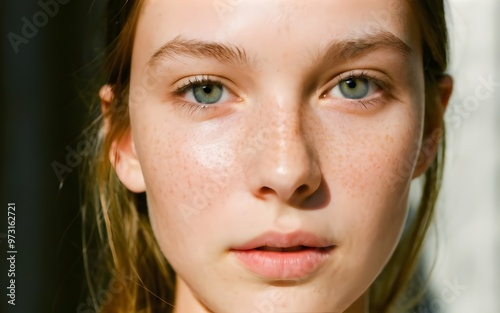 Sunlit Freckles: A Close-Up of a Freckle-Covered Girl Radiating Natural Beauty in Soft Sunlight, with Every Pore and Stray Hair Glowing Gently, Her Eyes Shimmering in the Warm Glow