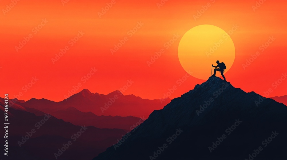 Hiker on Mountain at Sunset Hiker on Mountain at Sunset