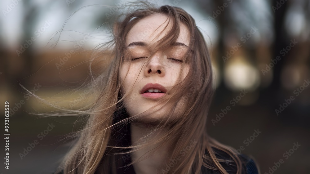 Elegance in the Breeze: A Close-Up of a Woman’s Face Caressed by Wind-Blown Strands of Hair, Her Dewy Skin and Intense Expression Framed by Delicate Hair Strands Floating in Soft, Ambient Light Elegance in the Breeze: A Close-Up of a Woman’s Face Caressed by Wind-Blown Strands of Hair, Her Dewy Skin and Intense Expression Framed by Delicate Hair Strands Floating in Soft, Ambient Light