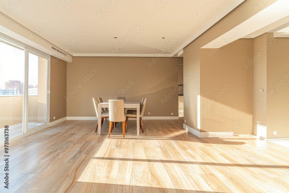 Fototapeta premium A large, open room with a wooden floor and a large table in the center,generative ai image