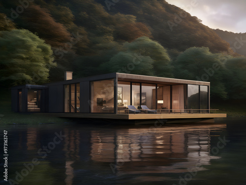 Modernes Haus am See mit Glasfronten und Holzterrasse in ruhiger Waldumgebung - Ai-Ki generiert