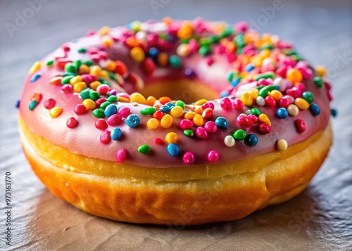 A glazed donut adorned with radiant sprinkles shines, a sweet and colorful indulgence beckoning.