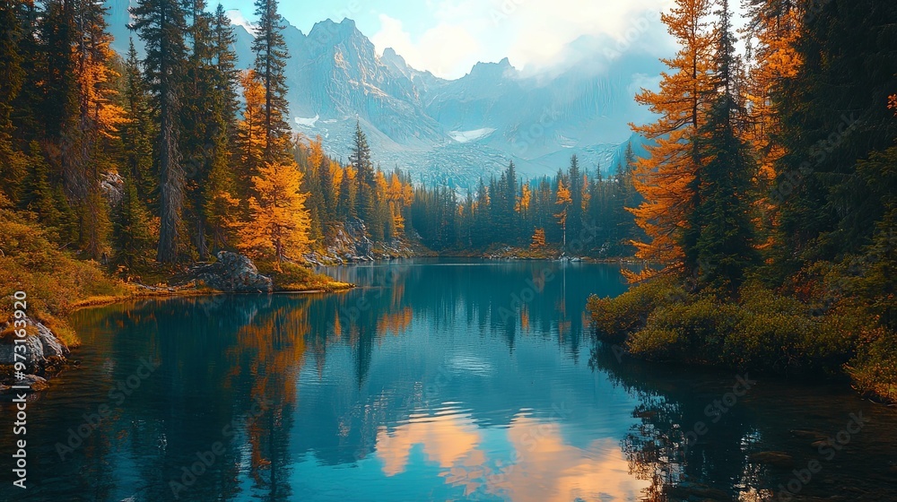 Naklejka premium Mountain Lake Reflecting Autumn Trees and Sky