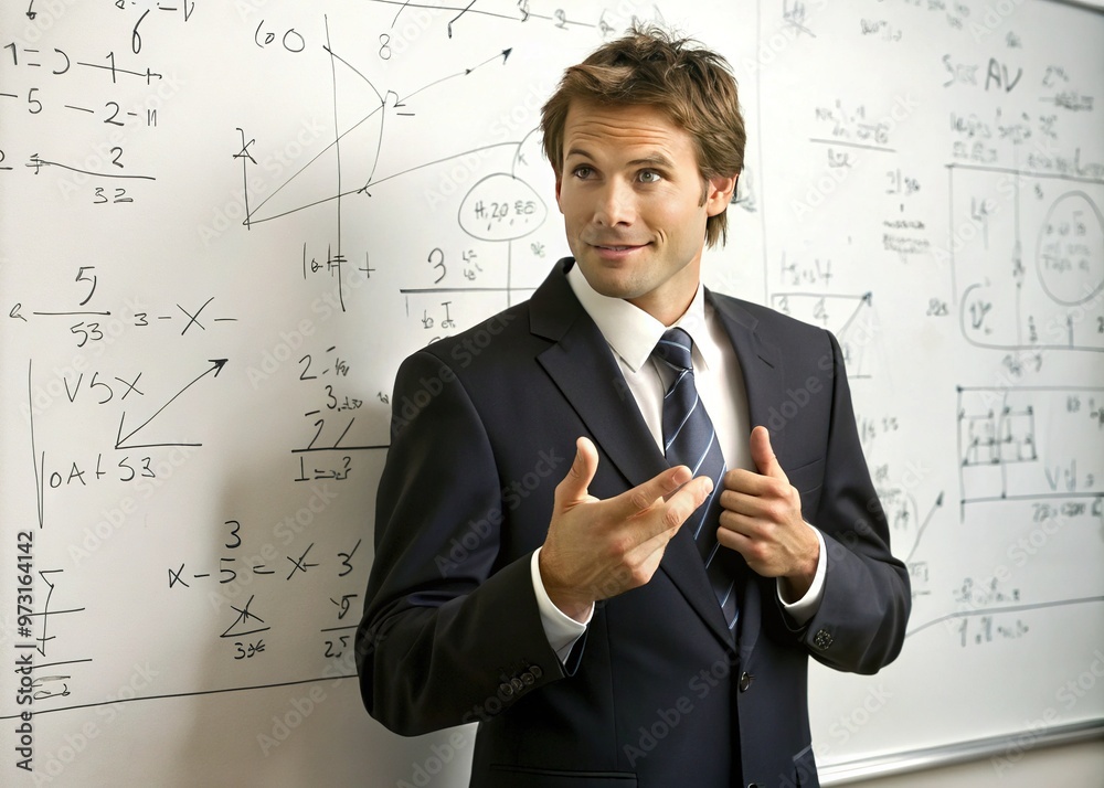 A humorous image depicting a negotiator confidently gesturing to a whiteboard covered in complex equations, implying a ridiculously good bargain has been struck. A humorous image depicting a negotiator confidently gesturing to a whiteboard covered in complex equations, implying a ridiculously good bargain has been struck.