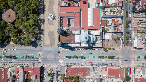 Aerial view of the Basilica of Our Lady of Mercy in Tlaxcala, Mexico