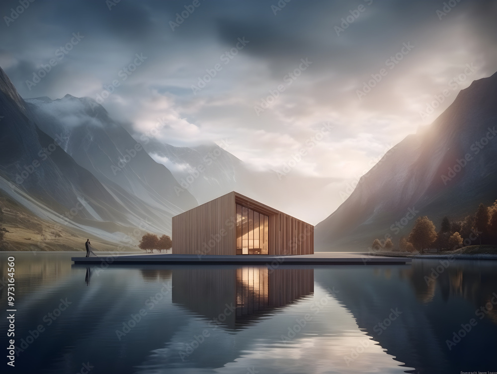 Fototapeta premium Modernes schwimmendes Haus auf ruhigem See inmitten der Berge - Ai-Ki generiert