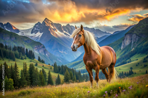 A Brown Horse Standing in a Mountainous Meadow at Sunset