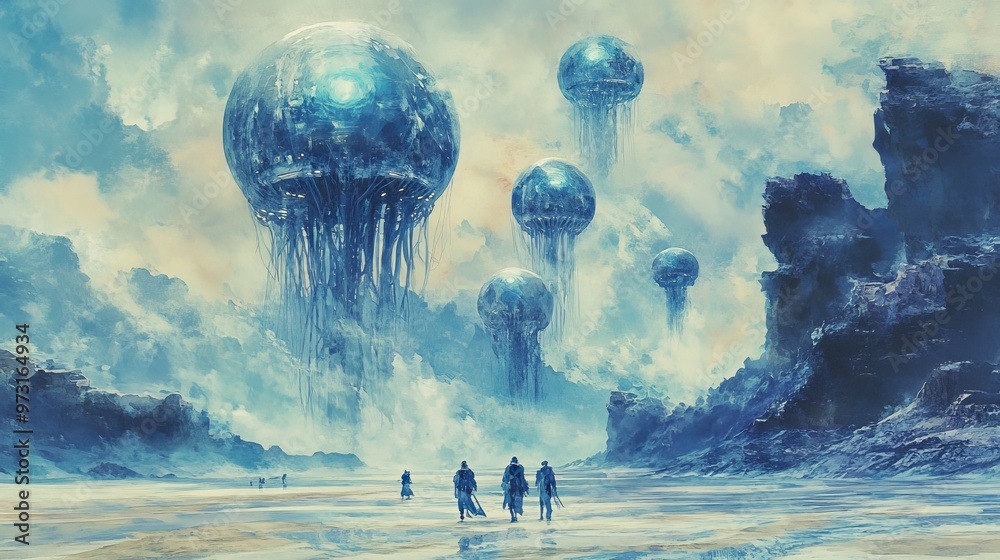 People exploring an alien landscape with floating jellyfish-like shapes ...