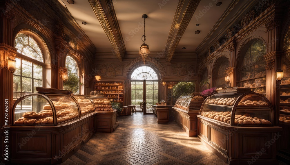 charming bakery interior. The space features a large display case filled with various types of bread and pastries, showcasing an inviting assortment. The warm wooden tones of the furniture and display charming bakery interior. The space features a large display case filled with various types of bread and pastries, showcasing an inviting assortment. The warm wooden tones of the furniture and display
