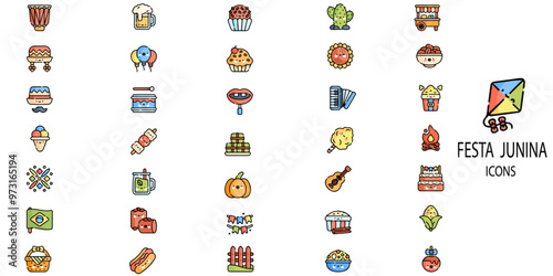 Festa Junina simple concept 35 icons set. Contains such candy,cake,lolipop,cactass,baloons etc .Vector illustration.